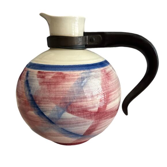 Vintage Vernon Kilns Red White Blue Plaid Mid Century Coffee Pot Pitcher Calico - Picture 1 of 9